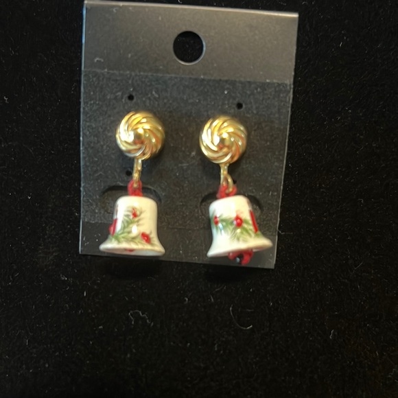 Vintage Christmas Ceramic Bells Gold Tone Screw back earrings - Picture 1 of 2